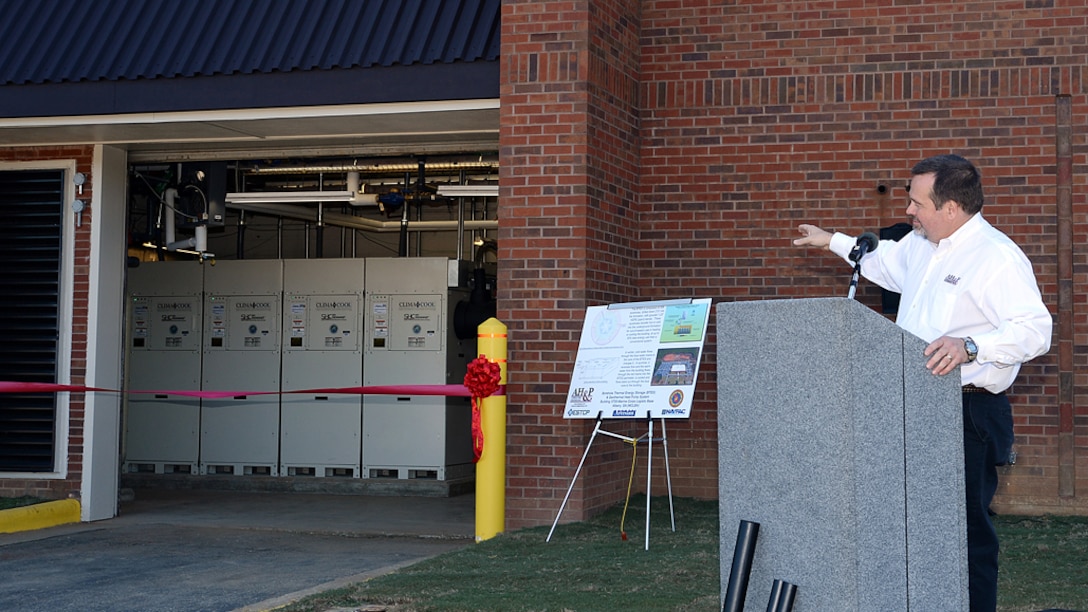 Chuck W. Hammock Jr., principal engineer, Andrews, Hammock & Powell, Inc., Macon, Ga., discusses the implementation of America’s first Borehole Thermal Energy Storage system - a state-of-the-art ground source heat pump system – during a ribbon-cutting ceremony aboard Marine Corps Logistics Base Albany, Oct. 19. 

