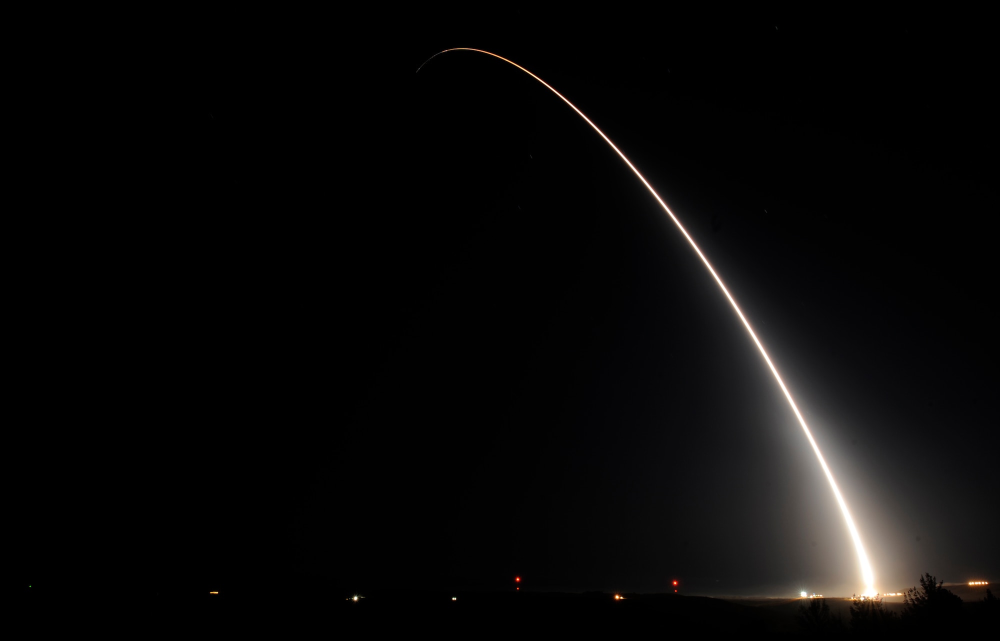 A team of Air Force Global Strike Command Airmen from the 90th Missile Wing at F.E. Warren Air Force Base, Wyo., launched an unarmed Minuteman III intercontinental ballistic missile equipped with a test reentry vehicle from Vandenberg Air Force Base, Calif., Oct. 21, 2015. The ICBM's reentry vehicle, which contained a telemetry package used for operational testing, traveled approximately 4,200 miles to the Kwajalein Atoll in the Marshall Islands. Test launches verify the accuracy and reliability of the ICBM weapon system, providing valuable data to ensure a continued safe, secure and effective nuclear deterrent. (U.S. Air Force photo/Airman 1st Class Ian Dudley)