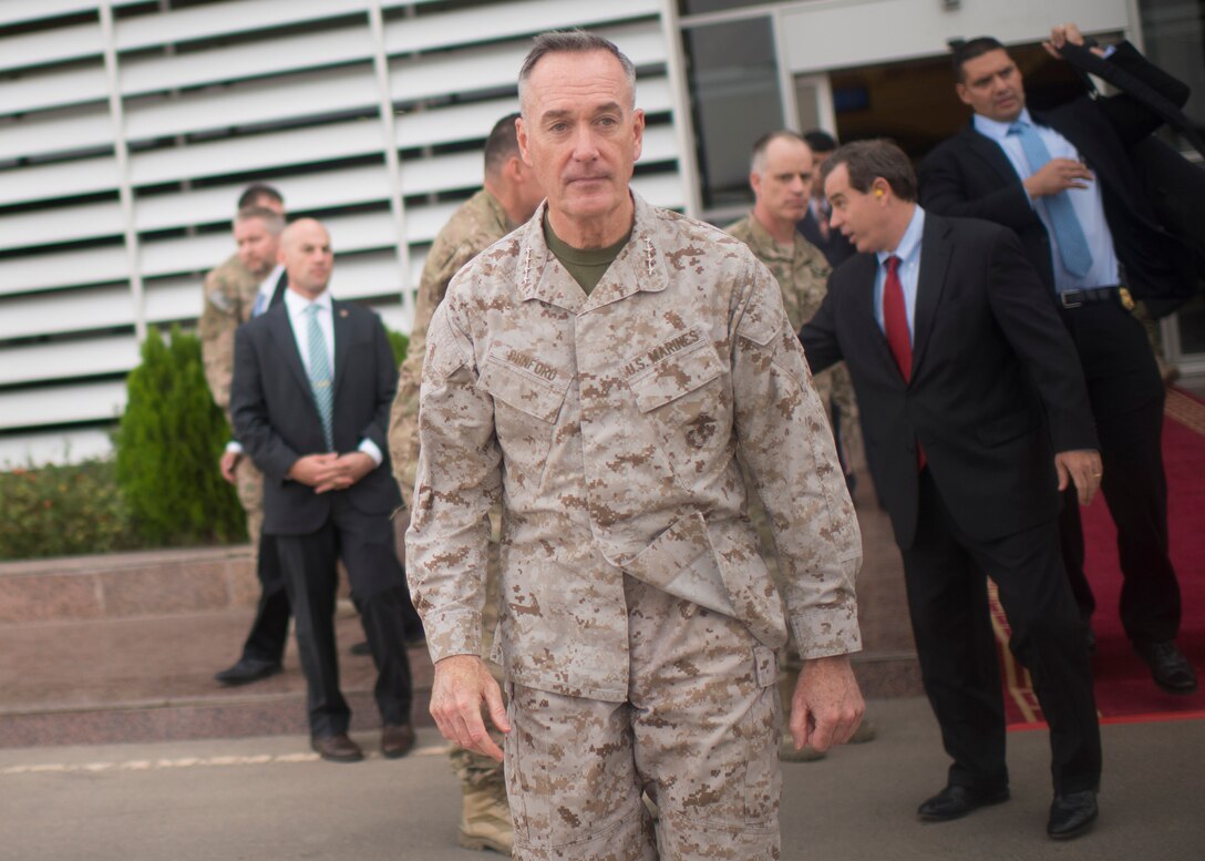 U.S. Marine Corps Gen. Joseph F. Dunford Jr., chairman of the Joint Chiefs of Staff, leaves the airport to board a U.S. Air Force C-17 and depart for Baghdad from Irbil, Iraq, Oct. 20, 2015. DoD photo by D. Myles Cullen