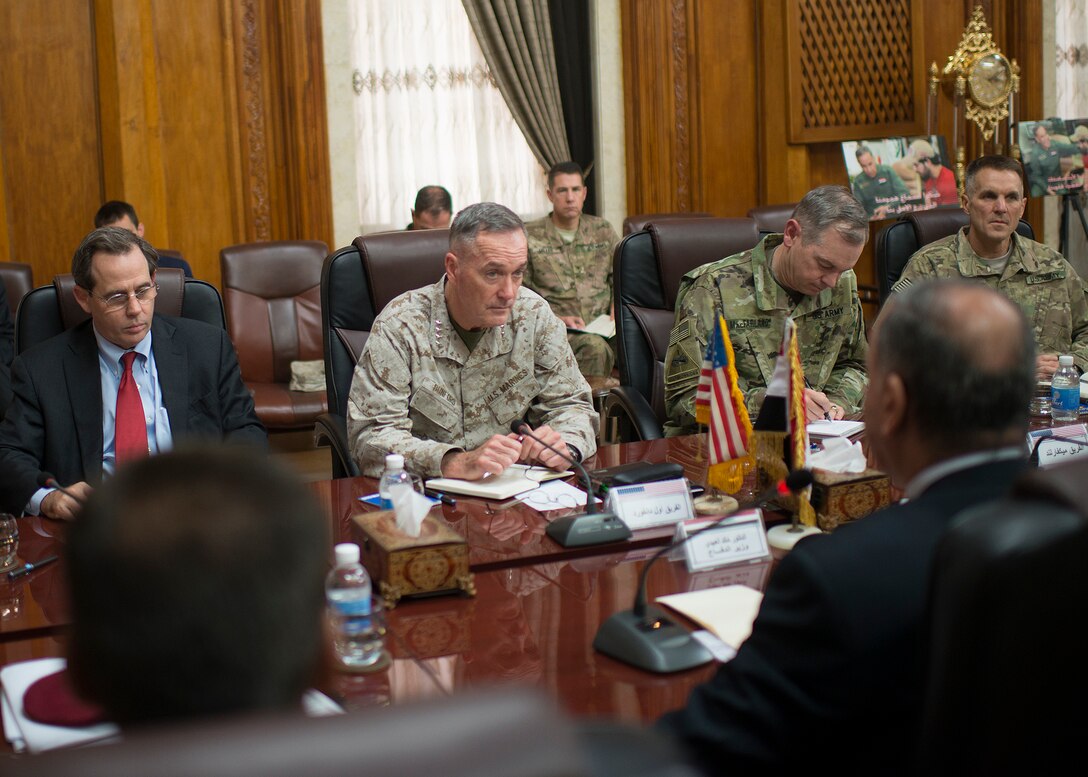 Iraqi Defense Minister Khaled al-Obaidi, right, meets with U.S. Marine Corps Gen. Joseph F. Dunford Jr., chairman of the Joint Chiefs of Staff, at the Iraq Ministry of Defense in Baghdad, Iraq, Oct. 20, 2015. DoD photo by D. Myles Cullen