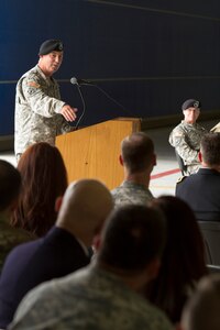 Army Reserve Command Sgt. Maj. Mark Martello talks with Soldiers, friends and families during the 351st Civil Affairs Command’s Change of Responsibility Ceremony held at Moffett Field, Calif., Oct. 17. Command Sgt. Maj. Gregory Thomsen took the helm as the senior enlisted Soldier from Martello. The 351st CACOM has more than 2,100 Soldiers in eight states, to include Hawaii. The 351st CACOM is assigned to the U.S. Army Civil Affairs and Psychological Operations Command (Airborne) based at Fort Bragg, N.C. USACAPOC (A) has more than 13,000 Soldiers with Civil Affairs, Psychological Operations and Information Operations units across the country. USACAPOC(A) has 94 percent of the Army’s General Purpose Forces’ CA Capability, 100 percent of the Army’s General Purpose Forces’ PSYOP Capability and 42 percent of the Army’s General Purpose Forces’ I/O Capability. The command also has oversight of all Army Reserve airborne operations.