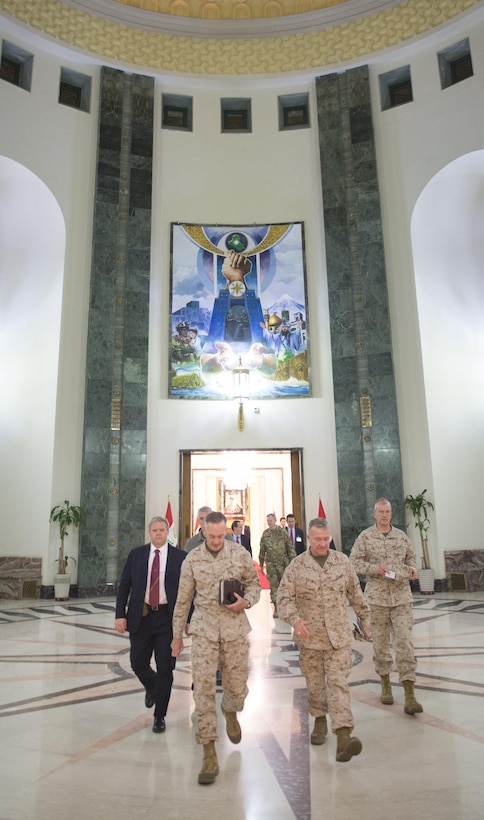 U.S. Marine Corps Gen. Joseph F. Dunford Jr., chairman of the Joint Chiefs of Staff, enters the Republican Palace in Baghdad, Iraq, for a meeting  with Iraqi Prime Minister Haider Jawed Kadhim Al-Abadi, Oct. 20, 2015. DoD photo by D. Myles Cullen
