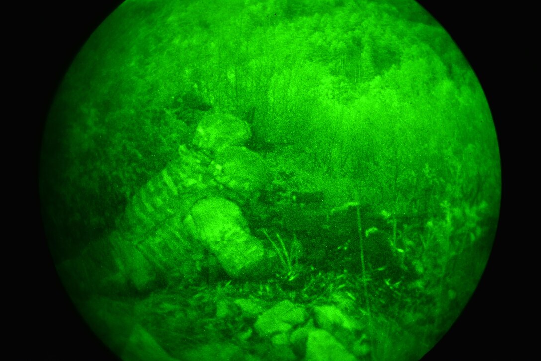 As seen through a night-vision device, U.S. paratroopers engage targets during a night live-fire exercise as part of Exercise Rock Proof V at Pocek Range in Postonja, Slovenia, Oct. 19, 2015. U.S. Army photo by Davide Dalla Massara 