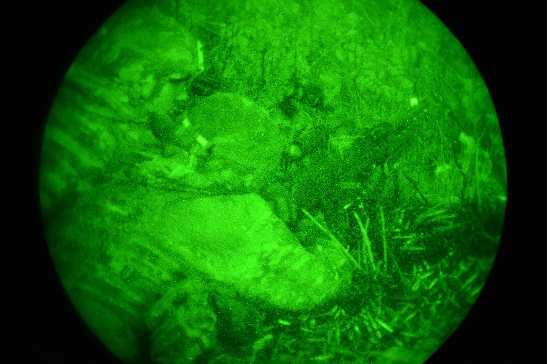 As seen through a night-vision device, U.S. paratroopers conduct a night live-fire exercise as part of Exercise Rock Proof V at Pocek Range in Postonja, Slovenia, Oct.19, 2015. U.S. Army photo by Davide Dalla Massara