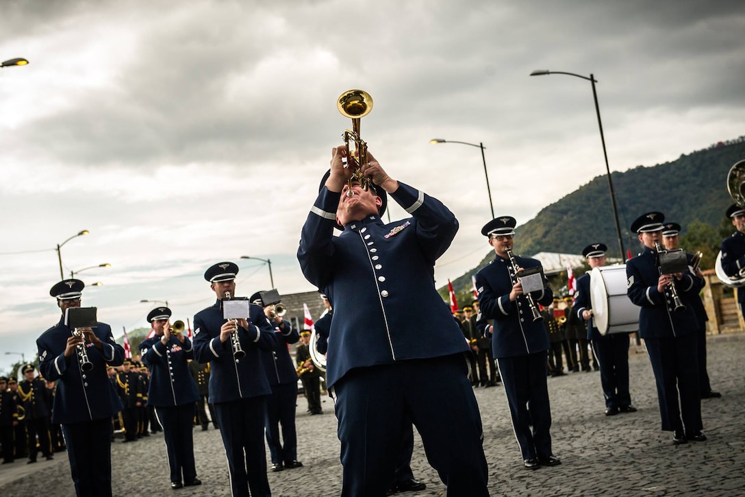 U.S. Air Force Tech. Sgt. Jeff Reich plays a trumpet solo during a marching band performance in Kvareli, Georgia, Oct. 18, 2015. Reich and other members of the U.S. Air Forces in Europe Band are participating in multiple events in the country over several days as part of the first visit the band has made to Georgia in nearly a decade. U.S. Air Force photo by Tech. Sgt. Ryan Crane
