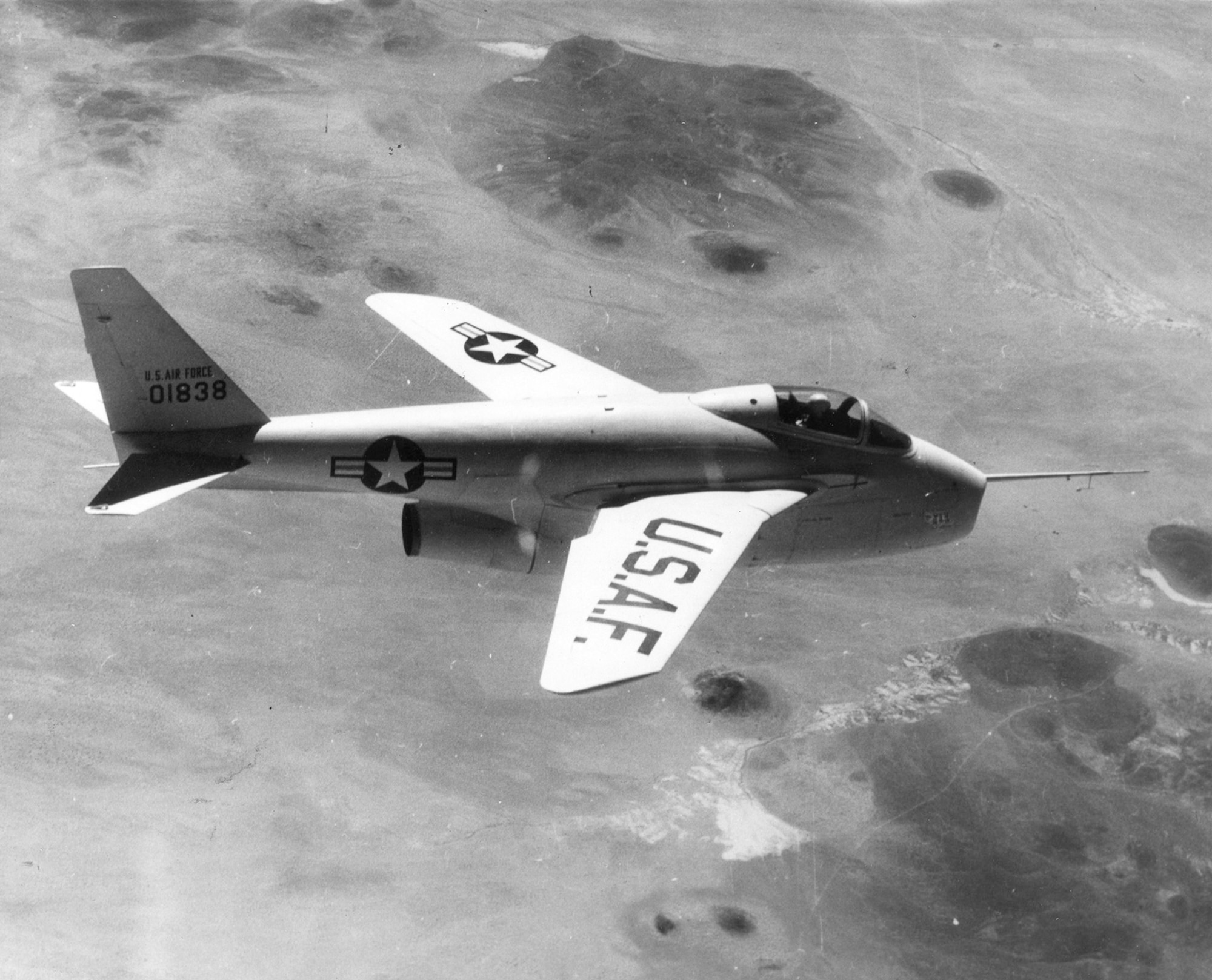 The museum’s X-5 flying with its wings swept fully forward, which allowed it to take off and land in a shorter distance, land at a lower speed, and climb faster. With the wings swept back, it could fly faster. (U.S. Air Force photo)