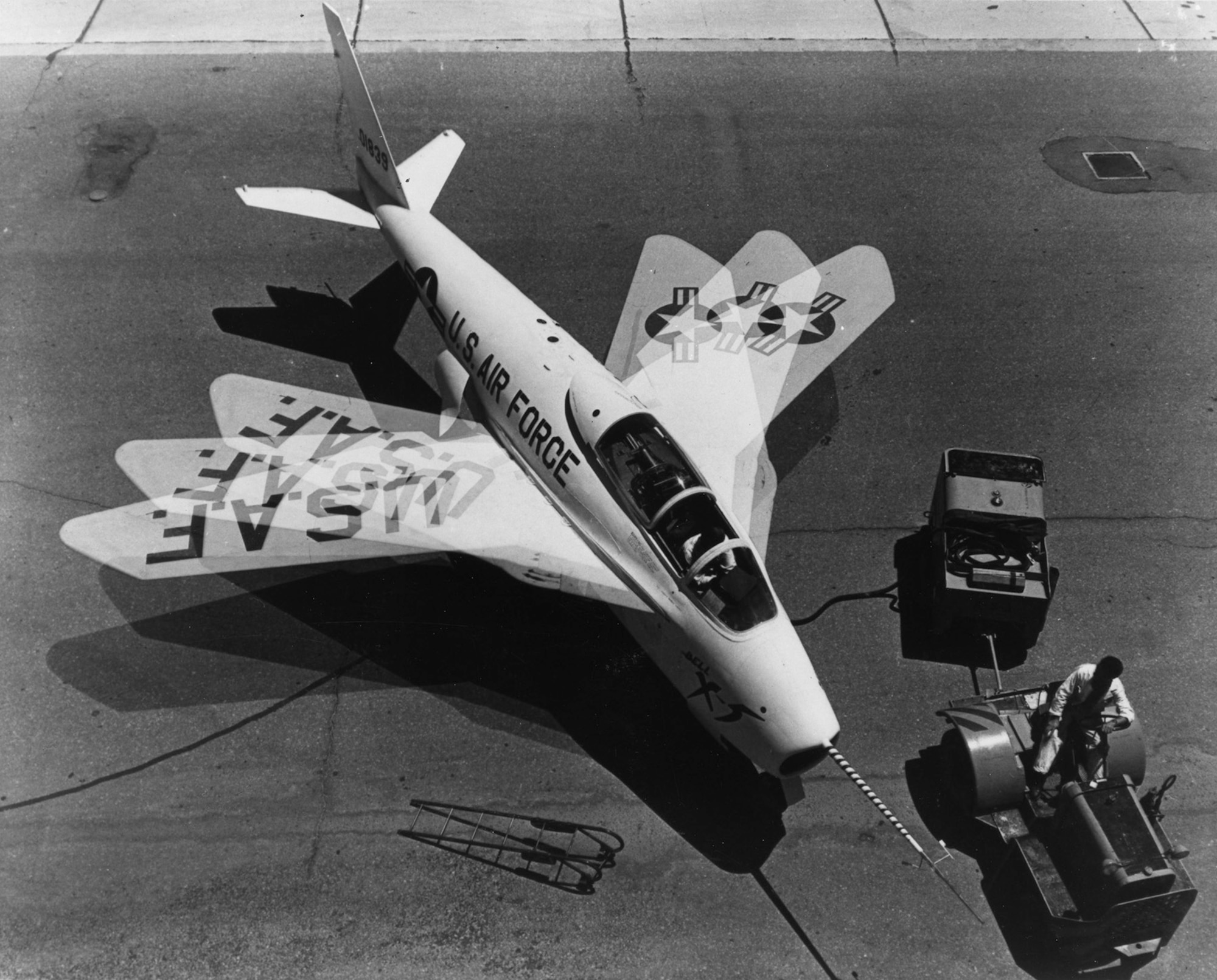 Time lapse photograph showing the X-5’s full 20-60 degree wing sweep range. This X-5 was destroyed in a crash in 1953. (U.S. Air Force photo)