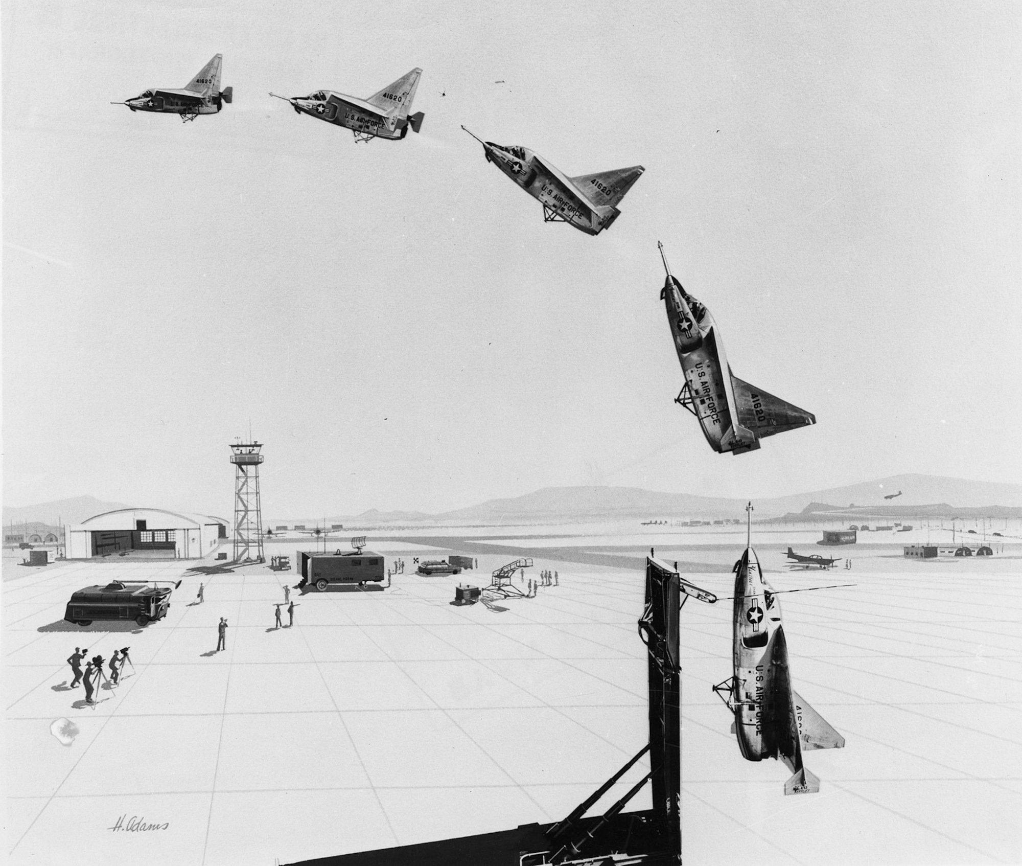 Contemporary illustration showing the transition from vertical to horizontal flight. (U.S. Air Force photo)