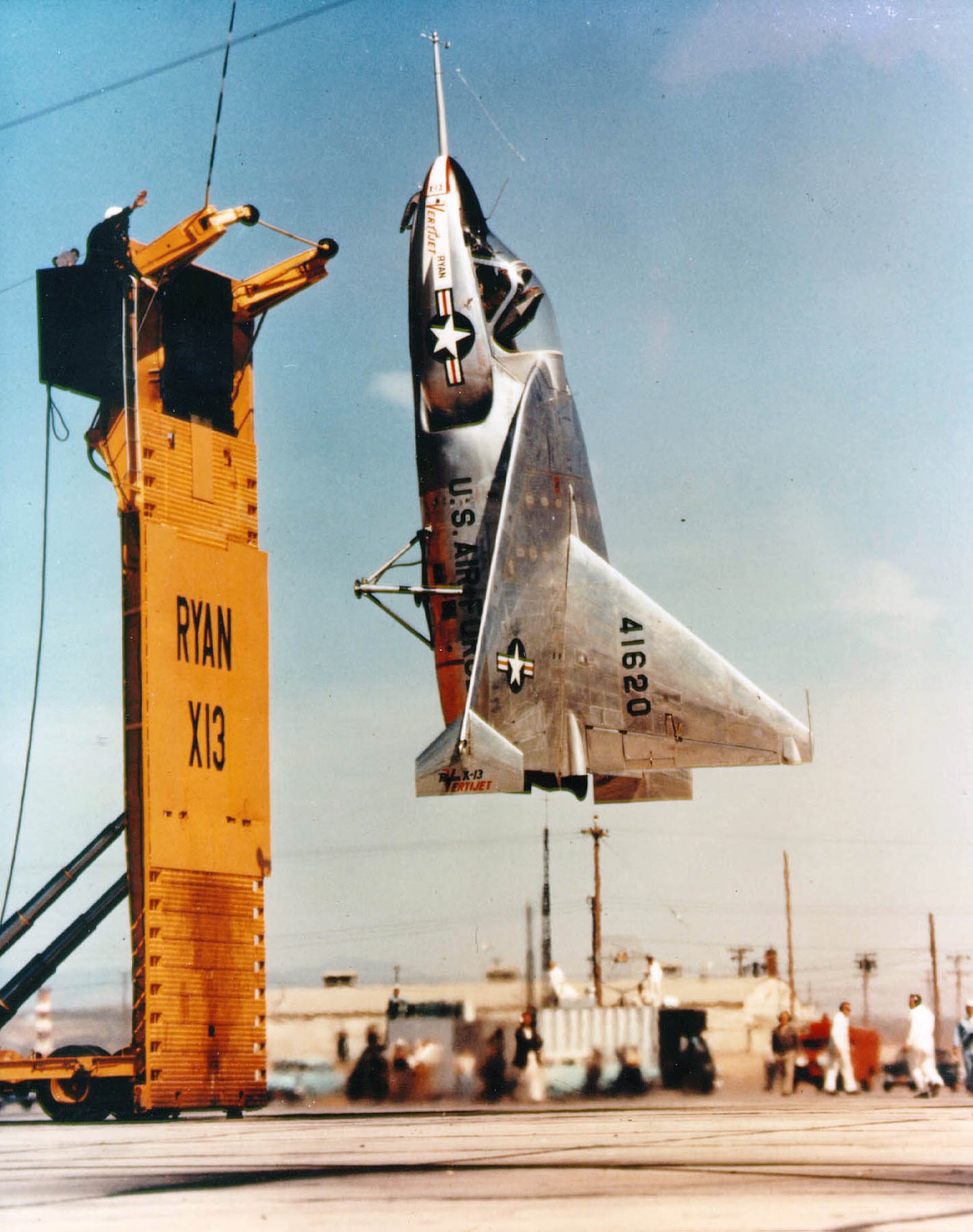 The museum’s X-13 making a test flight in 1957. The X-13 “landed” by hooking onto a cable at the top of the raised platform. This trailer-mounted platform could then be lowered to a horizontal position. (U.S. Air Force photo)
