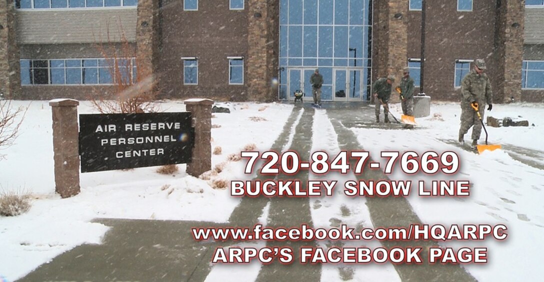 As winter approaches, the weather can take a turn for the worse and snow delays will be anticipated at the Air Reserve Personnel Center on Buckley Air Force Base, Colo. Service members and employees are reminded to call the Buckley Snow Line or view the ARPC Facebook page for updated information on reporting to work. (U.S. Air Force graphic illustration/Quinn Jacobson)