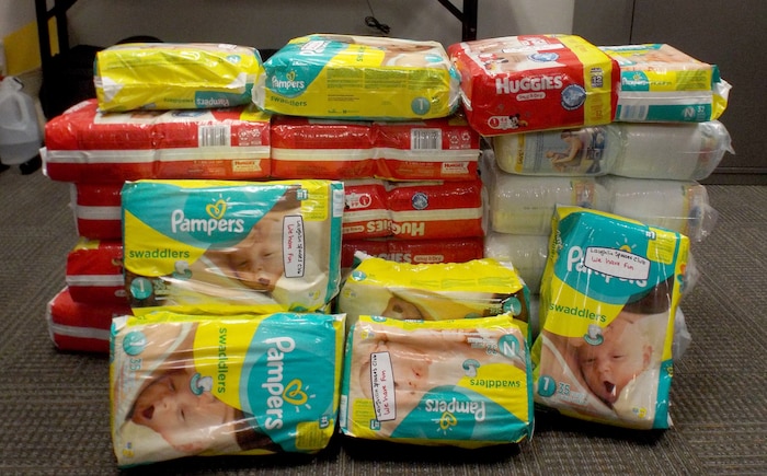 An assortment of diapers sits in the Family Advocacy Program office on Laughlin Air Force Base, Texas, Oct. 5, 2015. The Laughlin Spouses' Club is open to all spouses of active duty, guard and reserve members at Laughlin. It is an organization dedicated to supporting the base and the Del Rio community through charitable outreach while providing a social outlet for military spouses. (Photo provided by the Laughlin Spouses' Club)(Released)