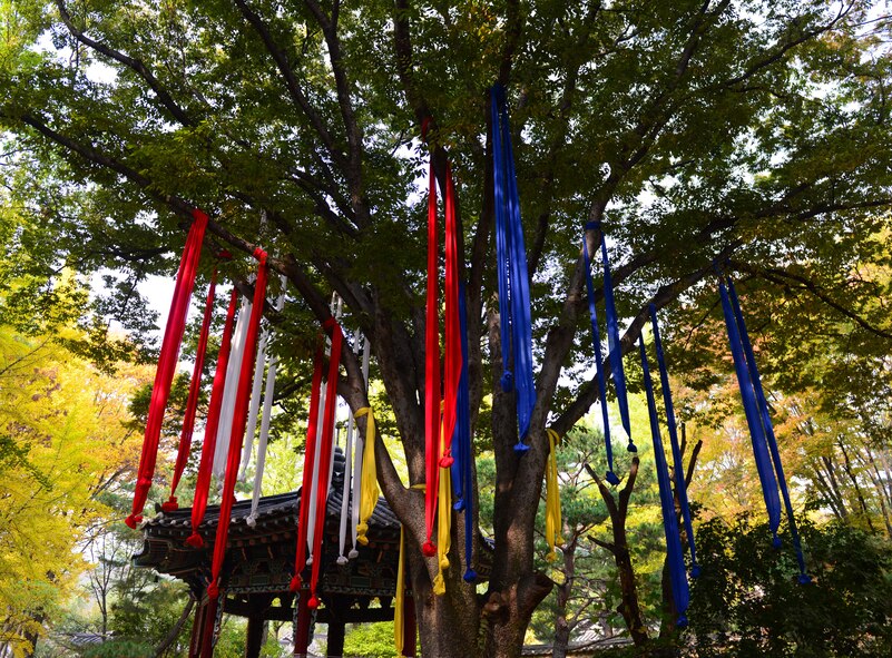 Colored streamers fill a tree next to a shrine at the Korean Folk Village in Yongin, Republic of Korea, Oct. 16, 2015. In the Korean culture the five colors represent north, south, east, west and center. 
(U.S. Air Force photo/Staff Sgt. Amber Grimm)