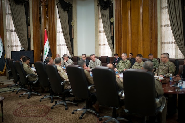 Iraqi and American defense officials, including U.S. Chairman of the Joint Chiefs of Staff Marine Corps Gen. Joseph F. Dunford Jr., center, meet at the Iraq Ministry of Defense in Baghdad, Iraq, Oct. 20, 2015, to discuss the campaign against the Islamic State of Iraq and the Levant. DoD photo by D. Myles Cullen