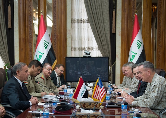 Iraqi Defense Minister Khaled al-Obaidi, left, meets with U.S. Marine Corps Gen. Joseph F. Dunford Jr., chairman of the Joint Chiefs of Staff, at the Iraq Ministry of Defense in Baghdad, Iraq, Oct. 20, 2015. DoD photo by D. Myles Cullen