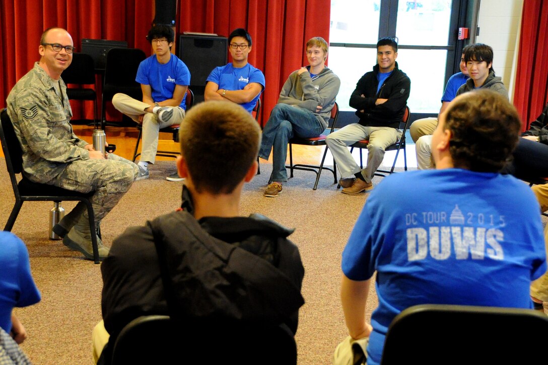 U.S. Air Force Concert Band trumpeter Technical Sgt. Micah Killion speaks to
students from Duke University during a Masterclass session at Joint Base
Anacostia-Bolling, Washington D.C., Oct. 13, 2015. The members of Duke
University's Wind Symphony visited the U.S. Air Force Band today for an
immersion in music and Air Force culture. The students attended Masterclass
sessions led by performers from the Band to further develop mastery of their
instruments before watching the Concert Band's final rehearsal before their
fall tour. (U.S. Air Force photo/Staff Sgt. Matt Davis)
