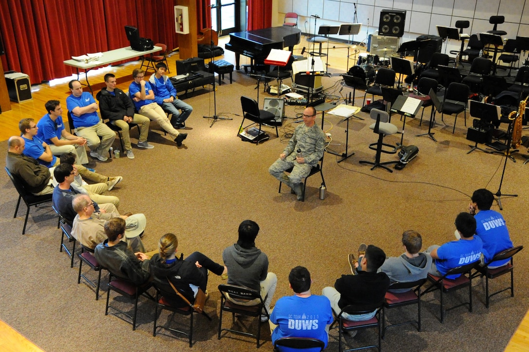 U.S. Air Force Concert Band trumpeter Technical Sgt. Micah Killion speaks to
students from Duke University during a Masterclass session at Joint Base
Anacostia-Bolling, Washington D.C., Oct. 13, 2015. The members of Duke
University's Wind Symphony visited the U.S. Air Force Band today for an
immersion in music and Air Force culture. The students attended Masterclass
sessions led by performers from the Band to further develop mastery of their
instruments before watching the Concert Band's final rehearsal before their
fall tour. (U.S. Air Force photo/Staff Sgt. Matt Davis)
