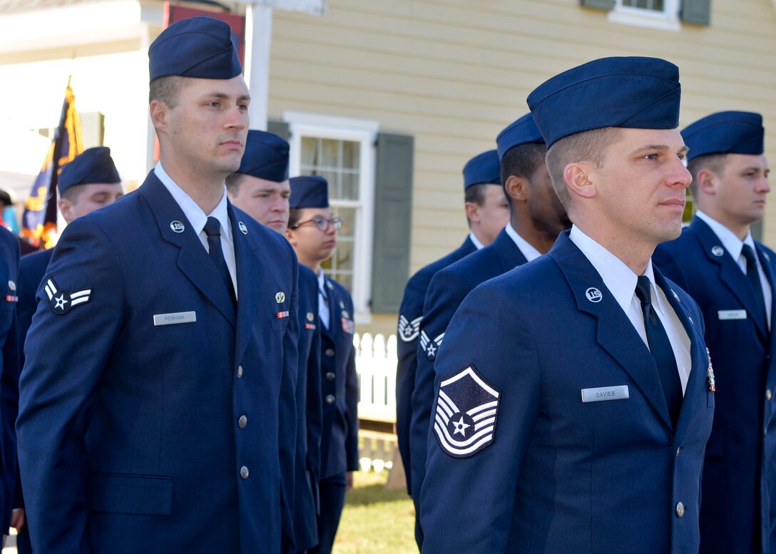 U.S. Air Force Airmen prepare to march in the Yorktown Day parade in Yorktown, Va., Oct. 19, 2015. U.S.  Service members from Joint Base Langley-Eustis, Va., marched in the parade and participated in a patriotic exercise to commemorate the 234th anniversary of America’s Revolutionary War victory at Yorktown. (U.S. Air Force photo by 2nd Lt. Mahalia R. Frost /Released)