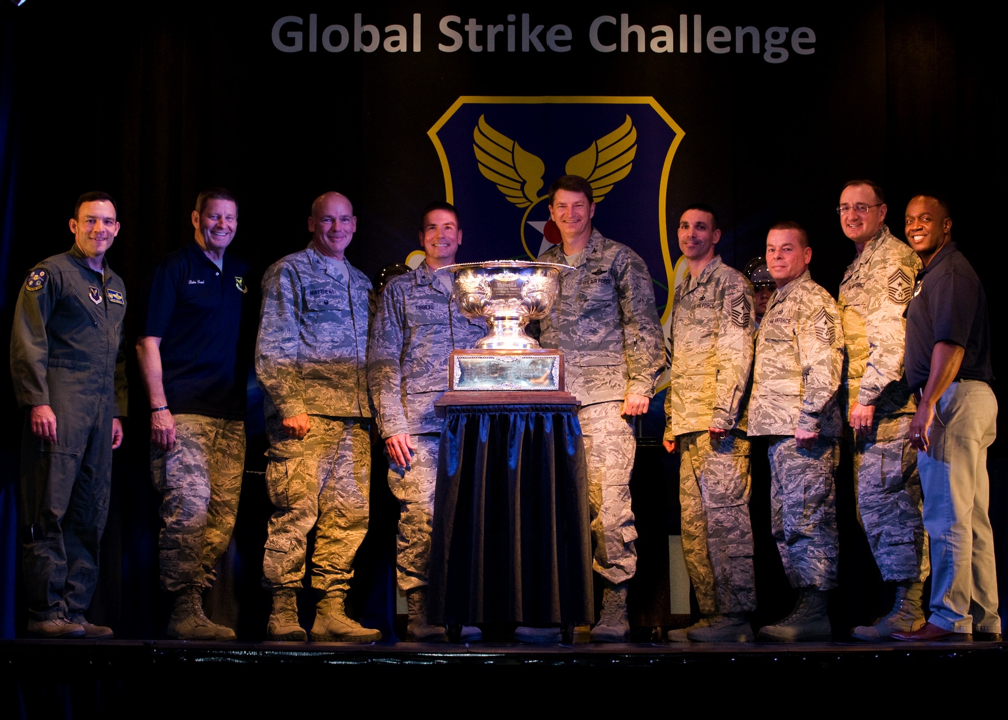 Gen. Robin Rand, commander of Air Force Global Strike Command, presents Brig. Gen. Paul W. Tibbets IV, commander of the 509th Bomb Wing at Whiteman Air Force Base, Mo., the Fairchild Trophy naming the 509th the best bomb wing in the Air Force at the 2015 Global Strike Challenge trophy presentation at Barksdale AFB, La., Oct. 21, 2015. After months of fierce competition, the ‘best of the best’ were named among Global Strike Challenge teams around Air Force Global Strike Command, Air Combat Command, Air Force Reserve Command and the Air National Guard. (U.S. Air Force photo/Senior Airman Joseph Raatz)