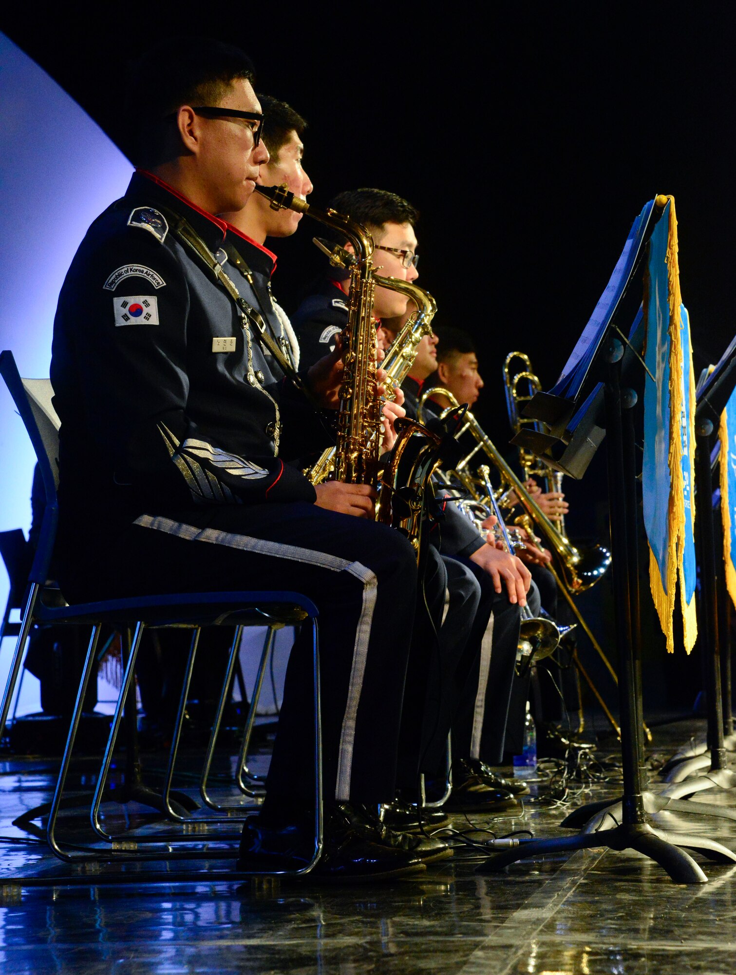 The Republic of Korea air force band performs during the 12th annual Korean American Friendship Festival in the Songtan Entertainment District, Republic of Korea Oct. 17, 2015. The festival was sponsored by the Songtan Chamber of Commerce and celebrates the friendship between Koreans and Americans. (U.S. Air Force photo/Senior Airman Kristin High)