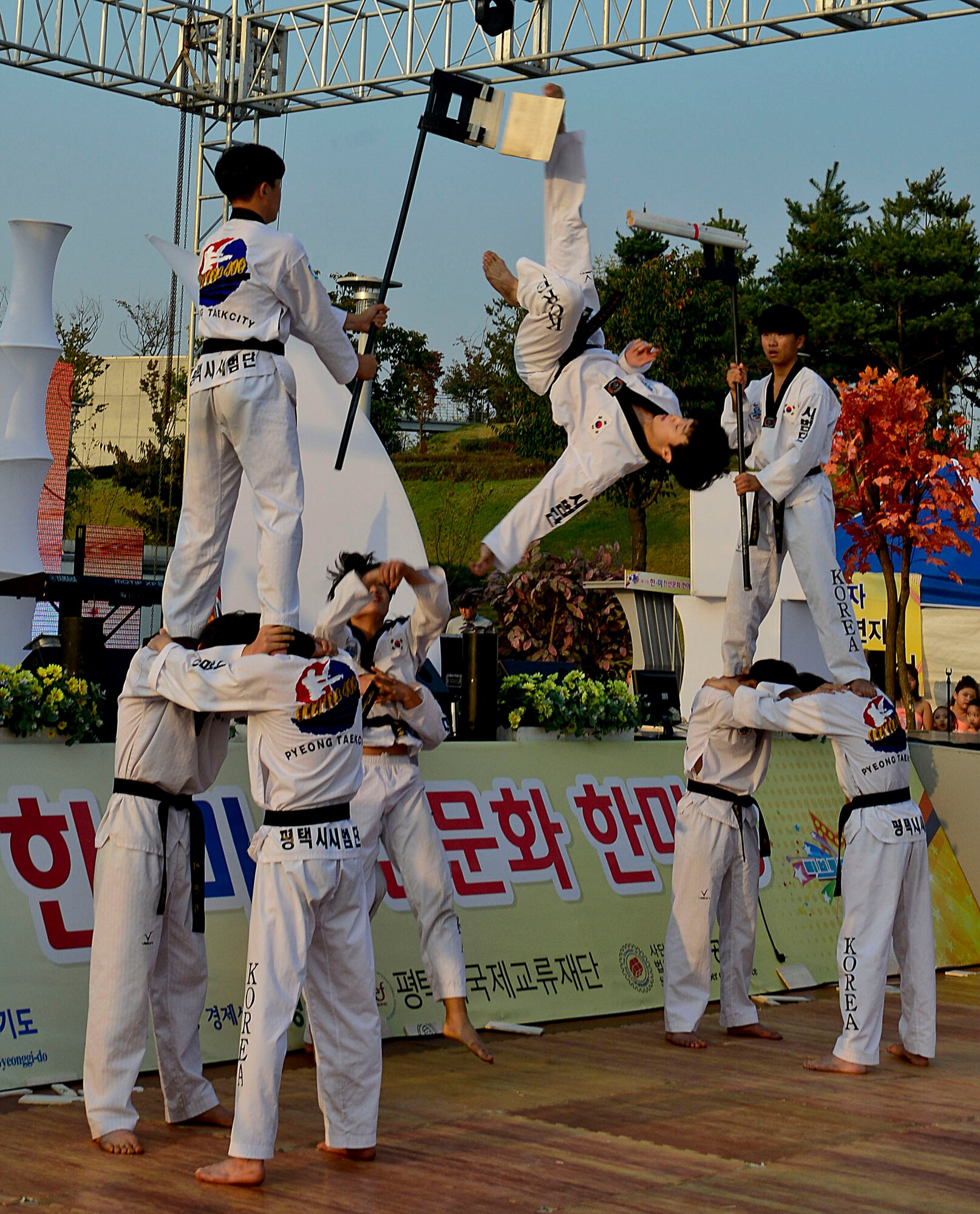 Taekwondo practitioners demonstrate martial arts skills during the 12th annual Korean American Friendship Festival in the Songtan Entertainment District, Republic of Korea, Oct. 17, 2015. Taekwondo is a Korean martial art with a focus on kicks. It was developed during the 1940s and 1950s by various Korean martial artists, as a blend of the indigenous Korean fighting styles of taekkyeon, gwonbeop and subak. (U.S. Air Force photo/Senior Airman Kristin High)