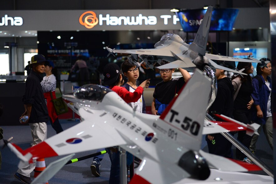 The biennial Seoul International Aerospace and Defense Exhibition kicked off with a media day at the Seoul Airport, Republic of Korea, Oct. 19, 2015. With 370 companies from 32 different nations the ADEX is the largest expo in Northeast Asia. The Seoul ADEX features the U.S. Air Force C-17 demo team, the F-22 demo team, as well as several U.S. static display aircraft. The exhibition is open to members of the public Oct. 24 and 25. (U.S. Air Force photo/Staff Sgt. Amber Grimm)