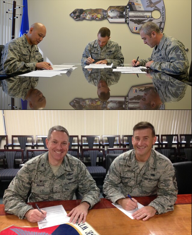 Commanders and command chiefs from the 628th Air Base Wing and the 437th Airlift Wing sign fill out their annual customer service satisfaction survey at Joint Base Charleston, S.C., Oct. 7, 2015. Forest City residents are encouraged to take advantage of this opportunity to voice their opinions and provide honest feedback on housing. (Courtesy photos)