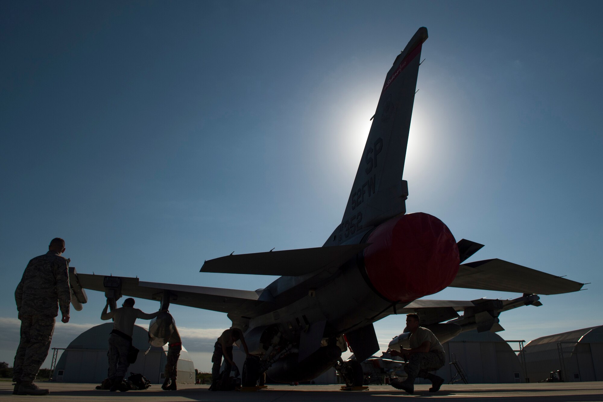 TRAPANI AIR BASE, Italy - An F-16 Fighting Falcon fighter aircraft assigned to the 480th Fighter Squadron, Spangdahlem Air Base, Germany, is prepared by 52nd Aircraft Maintenance Squadron Airmen before the start of the Trapani Air Show at Trapani Air Base, Italy, Oct. 17, 2015. Six maintenance Airmen provided support for the two F-16s participating in the air show. The Trapani Air Show kicked off Exercise Trident Juncture 15, a multiservice, multinational training exercise involving more than 30 Allied and Partner Nations taking place throughout Italy, Spain and Portugal. (U.S. Air Force photo by Airman 1st Class Luke Kitterman/Released)