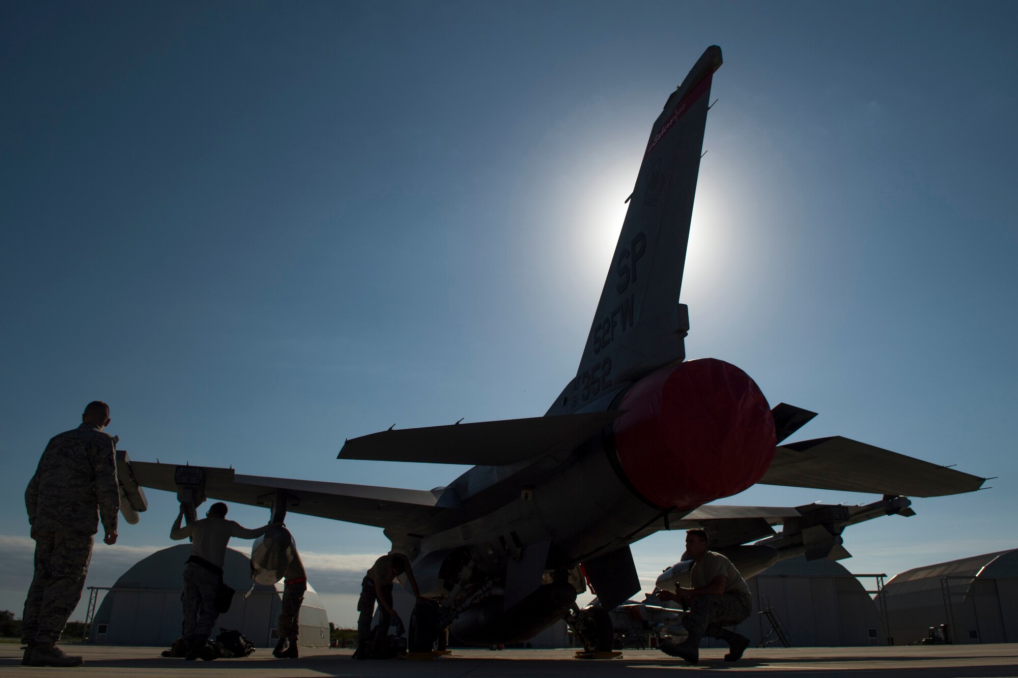 TRAPANI AIR BASE, Italy - An F-16 Fighting Falcon fighter aircraft assigned to the 480th Fighter Squadron, Spangdahlem Air Base, Germany, is prepared by 52nd Aircraft Maintenance Squadron Airmen before the start of the Trapani Air Show at Trapani Air Base, Italy, Oct. 17, 2015. Six maintenance Airmen provided support for the two F-16s participating in the air show. The Trapani Air Show kicked off Exercise Trident Juncture 15, a multiservice, multinational training exercise involving more than 30 Allied and Partner Nations taking place throughout Italy, Spain and Portugal. (U.S. Air Force photo by Airman 1st Class Luke Kitterman/Released)