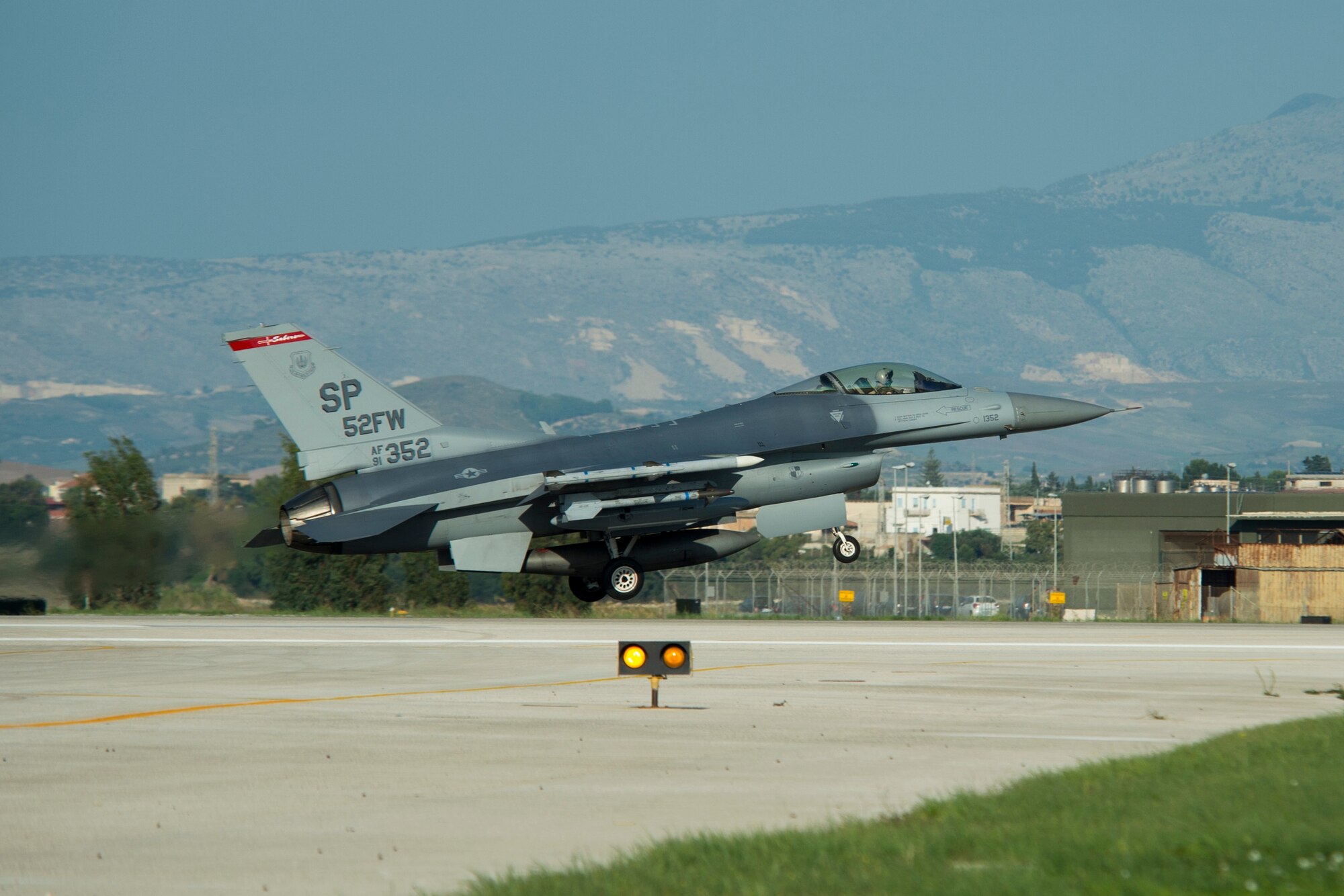 An F-16 Fighting Falcon fighter aircraft, assigned to 480th Fighter Squadron, Spangdahlem Air Base, Germany, takes off during Trapani Air Show at Trapani Air Base, Italy, Oct. 19, 2015. The Trapani Air Show kicked off Trident Juncture 2015, a training exercise involving more than 30 Allied and Partner Nations taking place throughout Europe to include Italy, Portugal and Spain. (U.S. Air Force photo by Airman 1st Class Luke Kitterman/Released)
