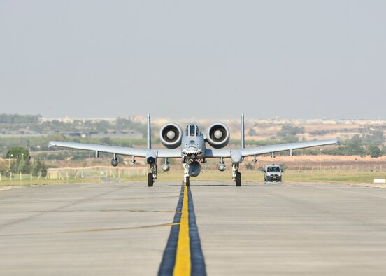 An A-10C Thunderbolt II attack aircraft taxis on the flight line after landing at Incirlik Air Base, Turkey, Oct. 15, 2015. The aircraft are deployed to Turkey in support of the Coalition effort against ISIL and Operation Inherent Resolve. (U.S. Air Force photo by Airman 1st Class Cory W. Bush/Released)