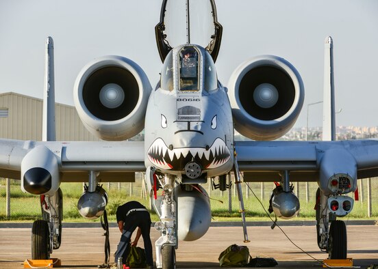 An A-10C Thunderbolt II attack aircraft sits on the flight line at Incirlik Air Base, Turkey Oct. 15, 2015. Along with the 12 A-10C Thunderbolt IIs from Moody Air Force Base, Georgia, the U.S. Air Force deployed support equipment and approximately 300 personnel to Incirlik AB in support of Operation Inherent Resolve. This follows Turkey's recent decision to open its bases to U.S. and other Coalition members participating in air operations against ISIL. The U.S. and Turkey are committed to the fight against ISIL in pursuit of peace and stability in the region. (U.S. Air Force photo by Airman 1st Class Cory W. Bush/Released)