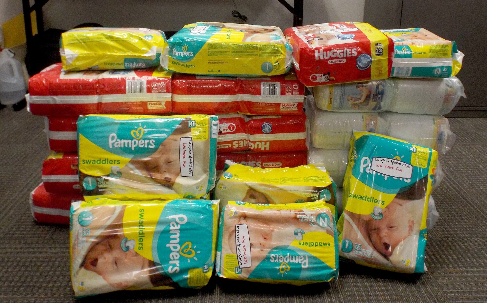 An assortment of diapers sits in the Family Advocacy Program office on Laughlin Air Force Base, Texas, Oct. 5, 2015. The Laughlin Spouses' Club is open to all spouses of active duty, guard and reserve members at Laughlin. It is an organization dedicated to supporting the base and the Del Rio community through charitable outreach while providing a social outlet for military spouses. (Photo provided by the Laughlin Spouses' Club)(Released)