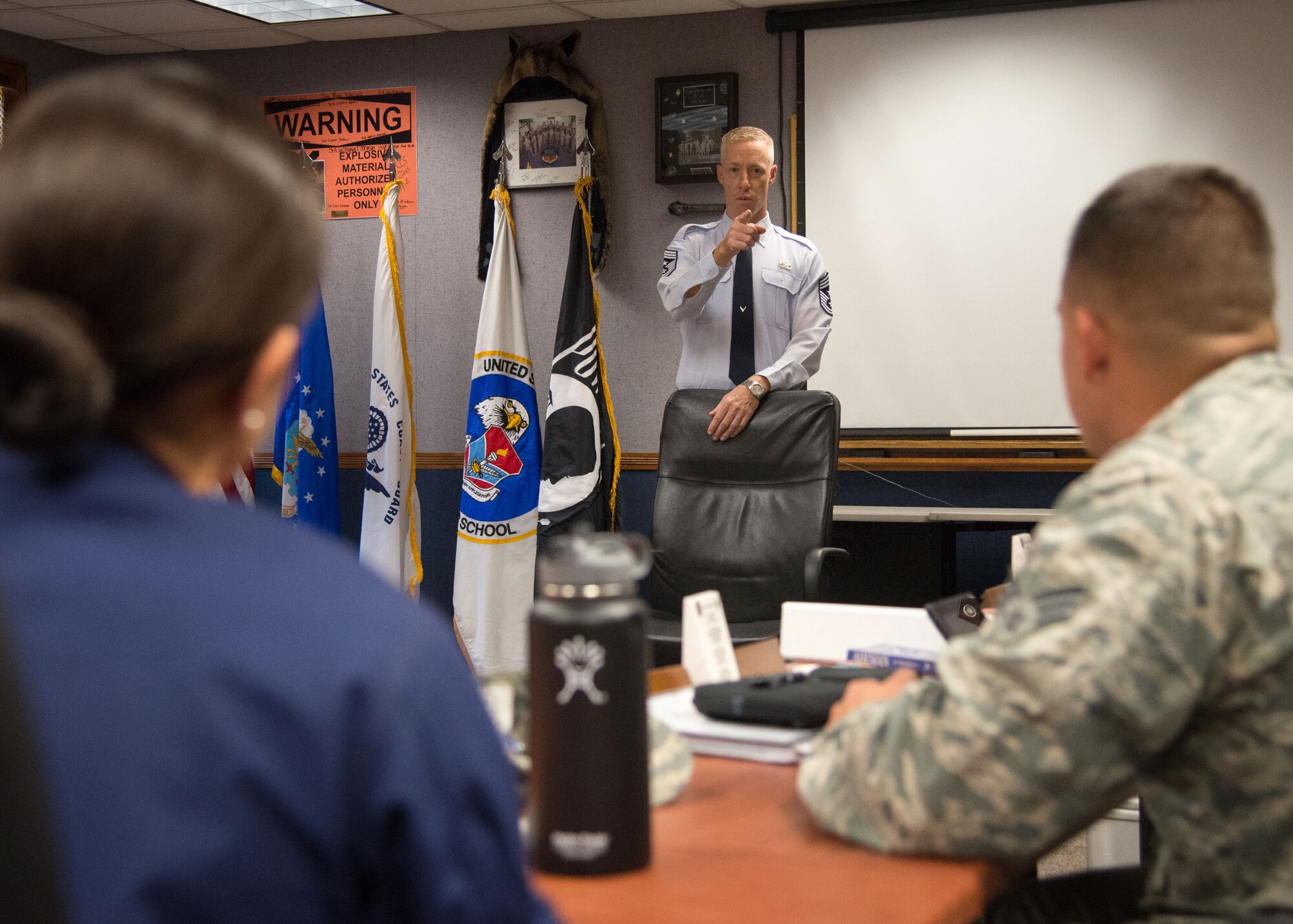 Chief Master Sergeant Michael J. Warner, command chief of Air Force Materiel Command, speaks to members of Airman Leadership School Class 16 Alpha during a visit to Hanscom AFB Oct. 21. In the Air Force, ALS is responsible for preparing junior enlisted Airmen to supervise other Airmen. At Hanscom that training extends beyond active duty to the Guard and Reserve, and beyond the Air Force with the Coast Guard. (U.S. Air Force photo by Mark Herlihy)