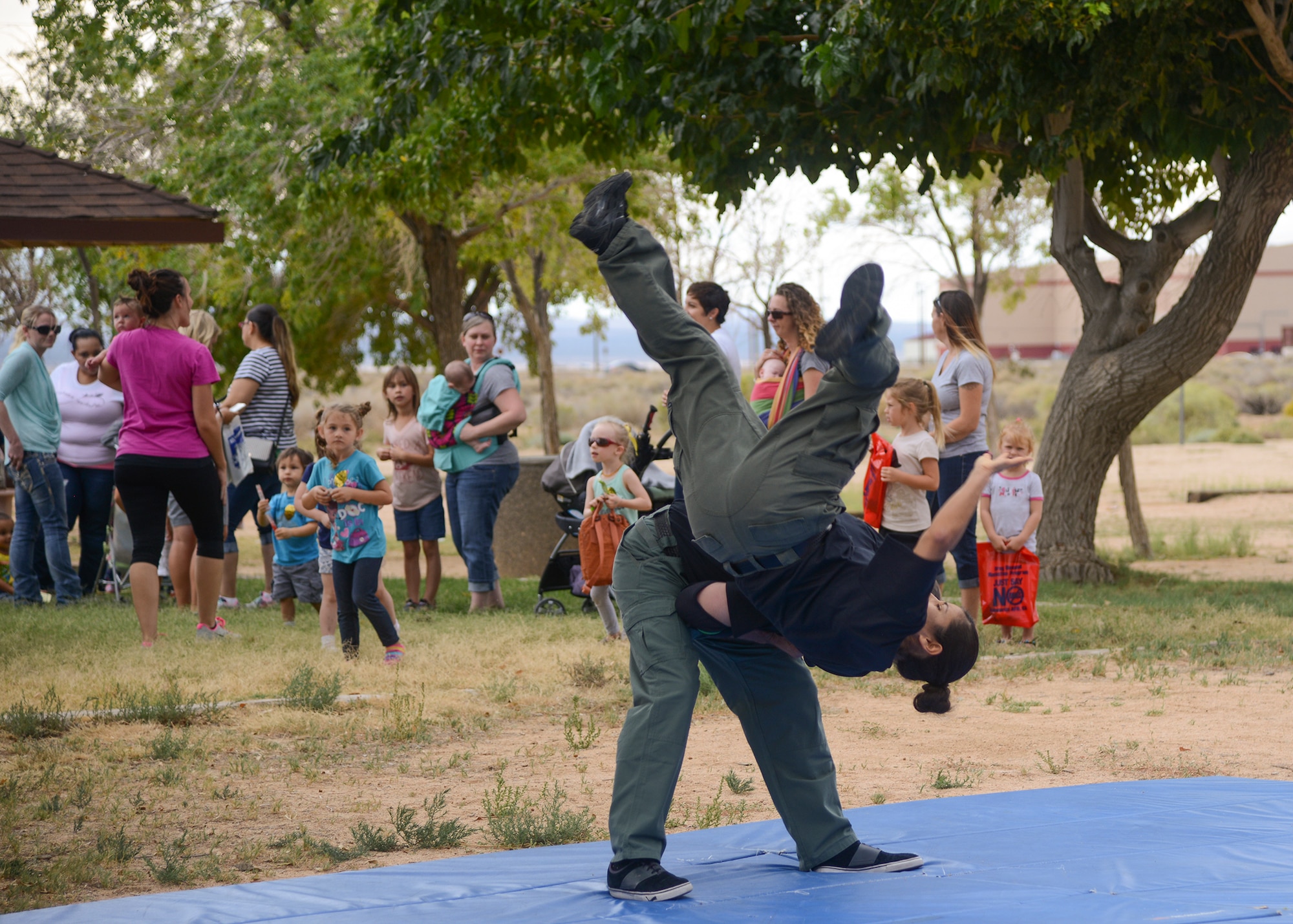 The Lancaster Sheriff’s Department set up a mat for self-defense demonstrations at the Family Fall Festival Oct. 15. (U.S. Air Force photo by Rebecca Amber)