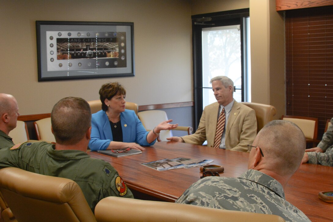 Missouri State Senators Robert Schaff and Jill Schupp tour Rosecrans Air National Guard Base, St. Joseph, Mo., on Oct 21, 2015.  The two senators were on a staff visit to tour the base. (U.S. Air National Guard photo by Senior Airman Bruce Jenkins)