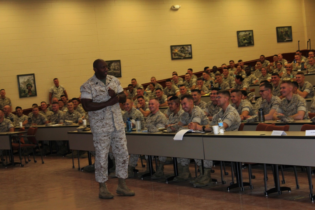 Marine Corps Base Quantico Sgt. Maj. Gerald Saunders addresses Fox Company at The Basic School on Oct. 19. The Marines were being briefed on their role in the upcoming Marine Corps Marathon, which will take place Oct. 25 in Washington, D.C.