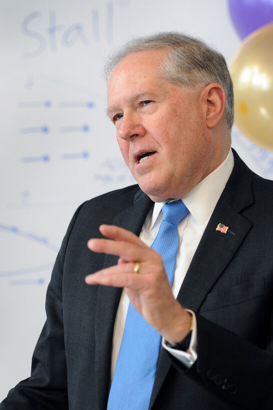 Frank Kendall, undersecretary of defense for acquisition, technology and logistics, speaks at a ceremonial ribbon-cutting at the FLEX-ACE Lab at Francis L. Cardozo Education Campus, Washington, D.C., Oct. 20, 2015. The Flexible Aviation Classroom Experience, or FLEX-ACE, replicates a test-range control room and operations center with state-of-the-art computers, flight simulators and a miniature air-traffic-control tower. The FLEX-ACE Lab is established through a partnership with Cardozo, the Office of the Assistant Secretary of Defense for Research and Engineering, and the DoD Test Resource Management Center. DoD photo by Marvin Lynchard