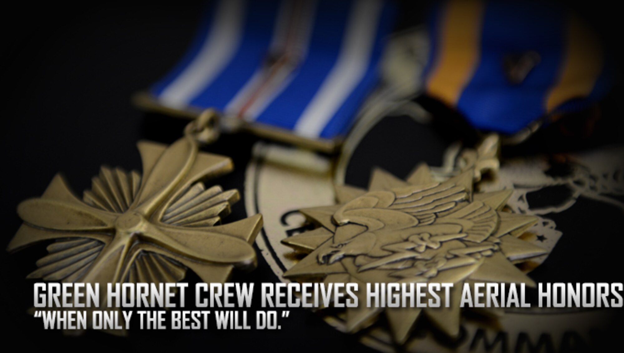 U.S. Air Force Capt. Jonathan Seagle, Capt. John Vandenbemden, Staff Sgt. Spencer Seymore and Staff Sgt. Daniel Teel, members of the 20th Special Operations Squadron, receive the Distinguished Flying Cross and Air Medal with Valor from Lt. Gen. Bradley A. Heithold, Commander Air Force Special Operations Command, for their rapid airpower response to an enemy attack on American forces Dec. 5, 2014, on Oct. 16, 2015, at Cannon Air Force Base, N.M. While deployed, the CV-22 crew responded to a special operations assault force that had come under heavy fire from enemy combatants. (U.S. Air Force photo/Staff Sgt. Matthew Plew)