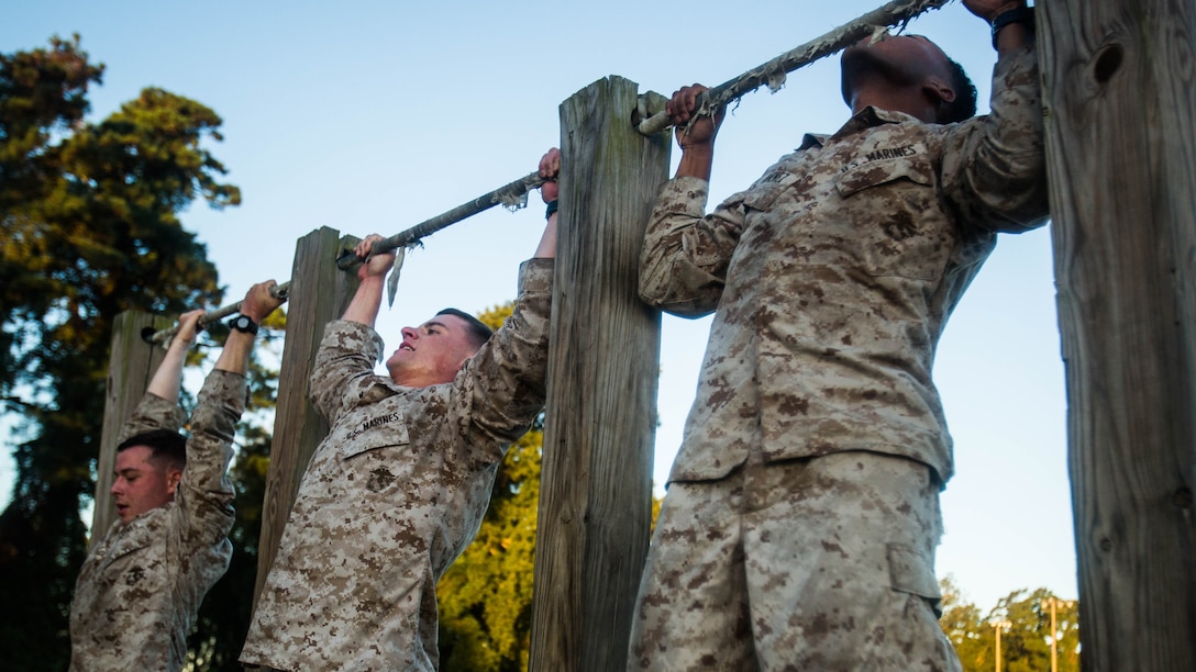 Scout sniper screener candidates with 3rd Battalion, 6th Marine Regiment conduct a max set of pull-ups during a physical fitness assessment at Marine Corps Base Camp Lejeune, N.C., Oct. 20, 2015. The screener aims to prepare candidates for the Scout Sniper Basic Course. 