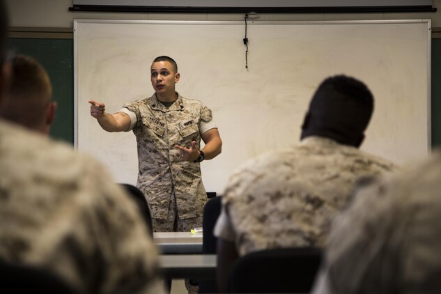 Sgt. Carlos J. Valentin teaches his class during the Lance Corporal Leadership Ethics Seminar aboard Marine Corps Air station Beaufort Oct 21. The seminar is built to remind lance corporals why they are important to the Marine Corps and to teach them core leadership values that will set them up for success as non-commissioned officers. Valentin is a Lance Corporal Leadership Ethics Seminar instructor with Headquarters and Headquarters Squadron aboard the air station. 