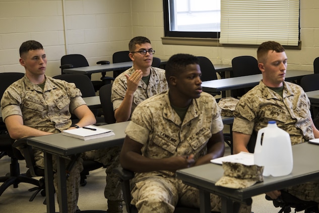 Marines participate in class discussion class during the Lance Corporal Leadership Ethics Seminar aboard Marine Corps Air station Beaufort Oct 21. Lance corporals aspiring to pick up corporal are required to complete the seminar as well as the professional military education course Leading Marines. The Marines are with Headquarters and Headquarters Squadron aboard the air station.