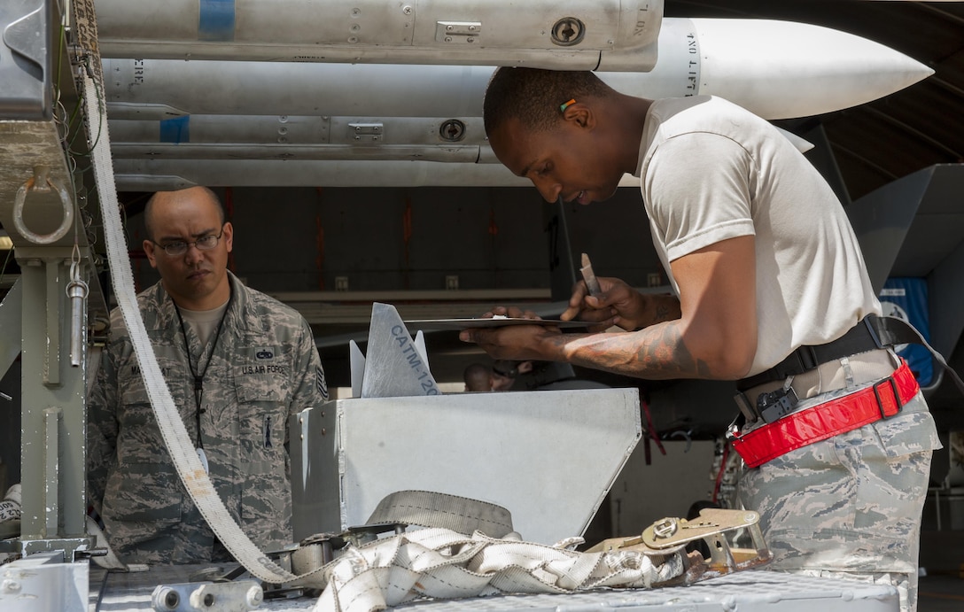 U.S. Air Force Staff Sgt. Craig Harrison, right, inspects missile parts while Tech. Sgt. Jerrick Mandapat supervises to ensure the process is done correctly and safely during a weapons loading competition on Kadena Air Base, Japan, Oct. 19, 2015. Harrison is a weapons load crew chief assigned to the 67th Fighter Squadron and Mandapat is a weapons standardization crew chief assigned to the 18th Maintenance Group. U.S. Air Force photo by Airman Zackary A. Henry