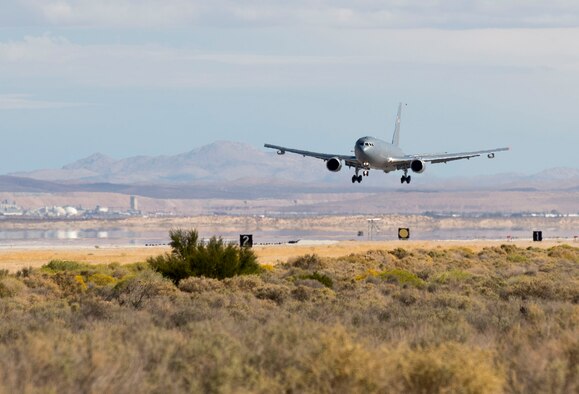 The KC-46 program's first test aircraft, a Boeing 767-2C (EMD-1), departed from its home at Boeing Field in Seattle and touched down at Edwards Air Force Base, Calif., for the first time Oct. 15, 2015. (U.S. Air Force photo/Ethan Wagner)