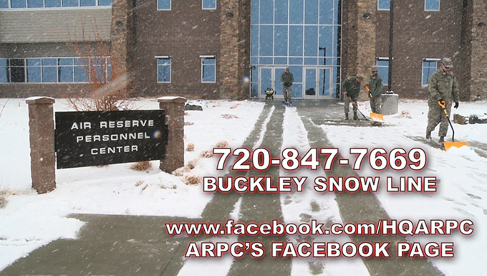 As winter approaches, the weather can take a turn for the worse and snow delays will be anticipated at the Air Reserve Personnel Center on Buckley Air Force Base, Colo. Service members and employees are reminded to call the Buckley Snow Line or view the ARPC Facebook page for updated information on reporting to work. (U.S. Air Force graphic illustration/Quinn Jacobson)