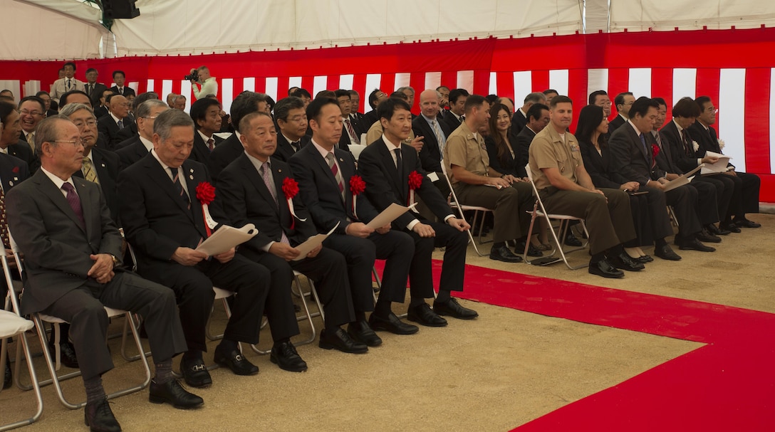 Japanese dignitaries and Marine Corps Air Station Iwakuni officials attend the Atagoyama Baseball Field ground breaking ceremony in Iwakuni City, Japan, Oct. 15, 2015. The ceremony represented the transformation of the Atagoyama site into a baseball field and the future relationships with the U.S. and a model for international relations.