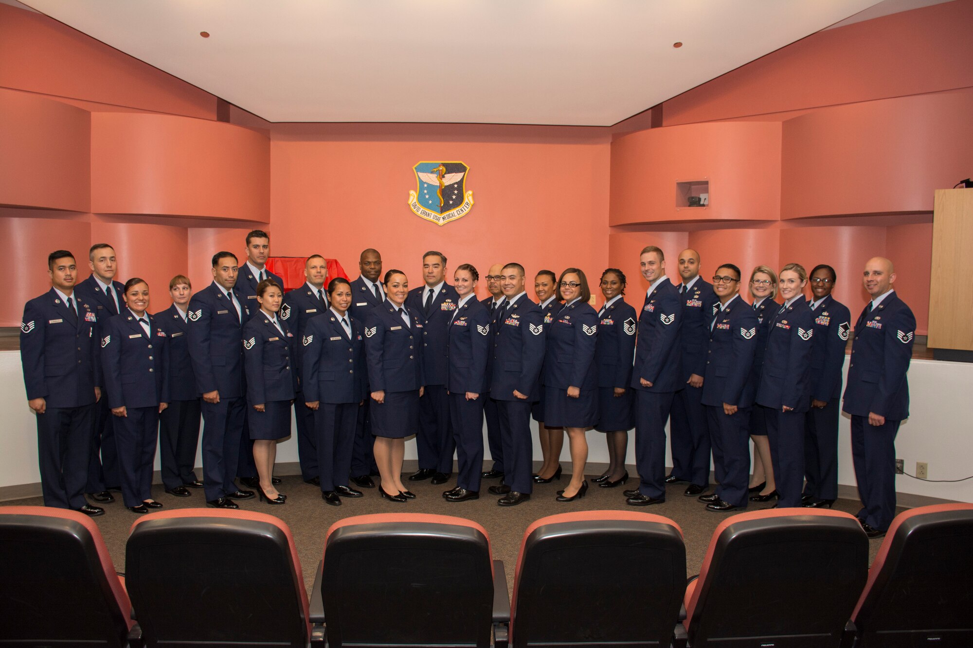 TRAVIS AIR FORCE BASE, Calif. -- Twenty-five newly promoted staff and master sergeants from throughout the 349th Air Mobility Wing were inducted into the NCO and senior NCO corps during a ceremony Oct. 17, 2015, at Travis Air Force Base, Calif.  (U.S. Air Force photo/Master Sgt. Rachel Martinez)
