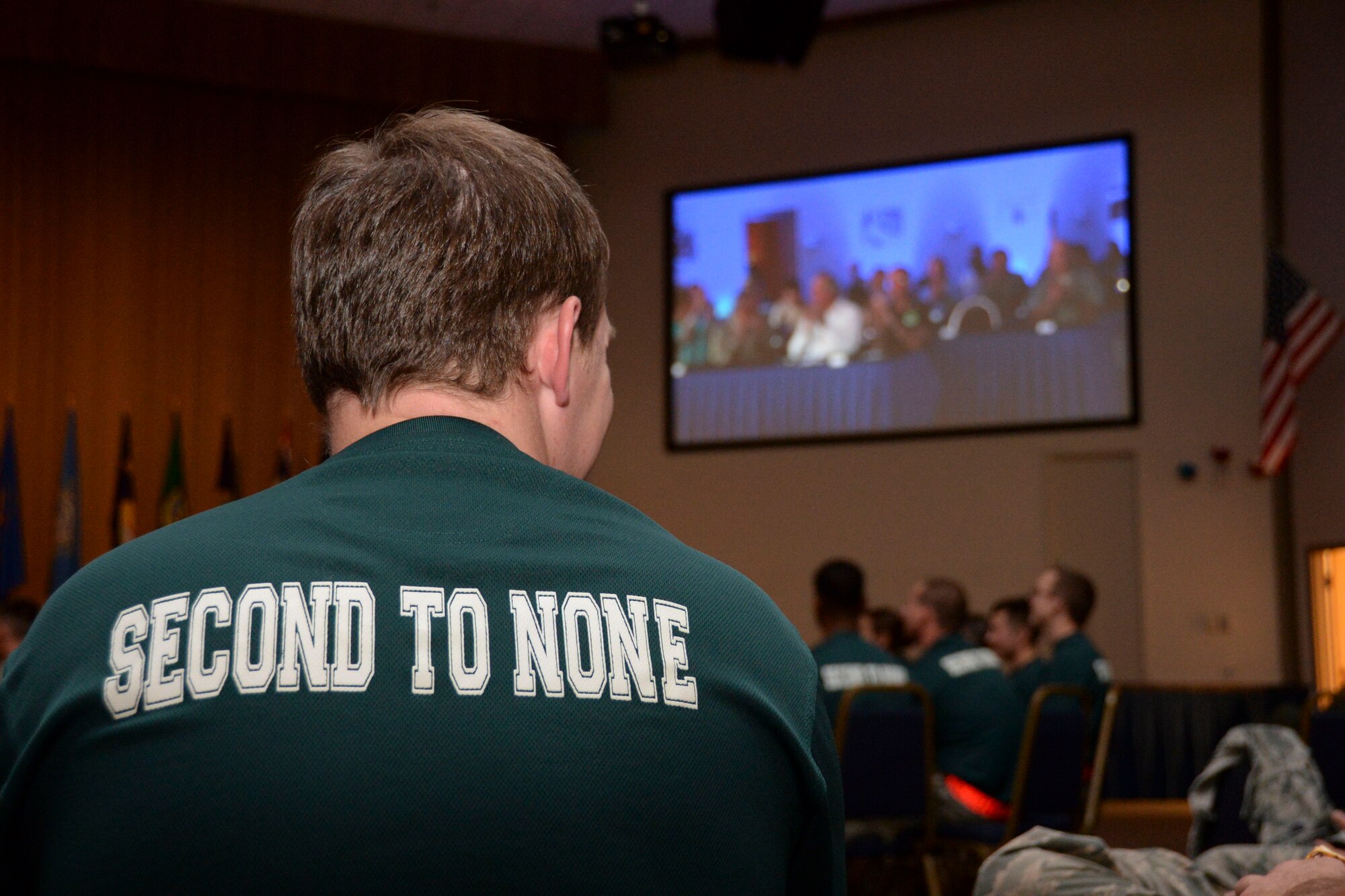 Airmen await the results of the Global Strike Challenge Competition during the score posting event at Barksdale Air Force Base, La., Oct. 21, 2015. The GSC competition brought together eight Air Force Global Strike Command bases and pitted them against each other in different events including: aircraft maintenance, precision bombing, intercontinental ballistic missile operations, helicopter operations, security forces operations and a culinary competition. (U.S. Air Force photo/Senior Airman Amanda Morris)