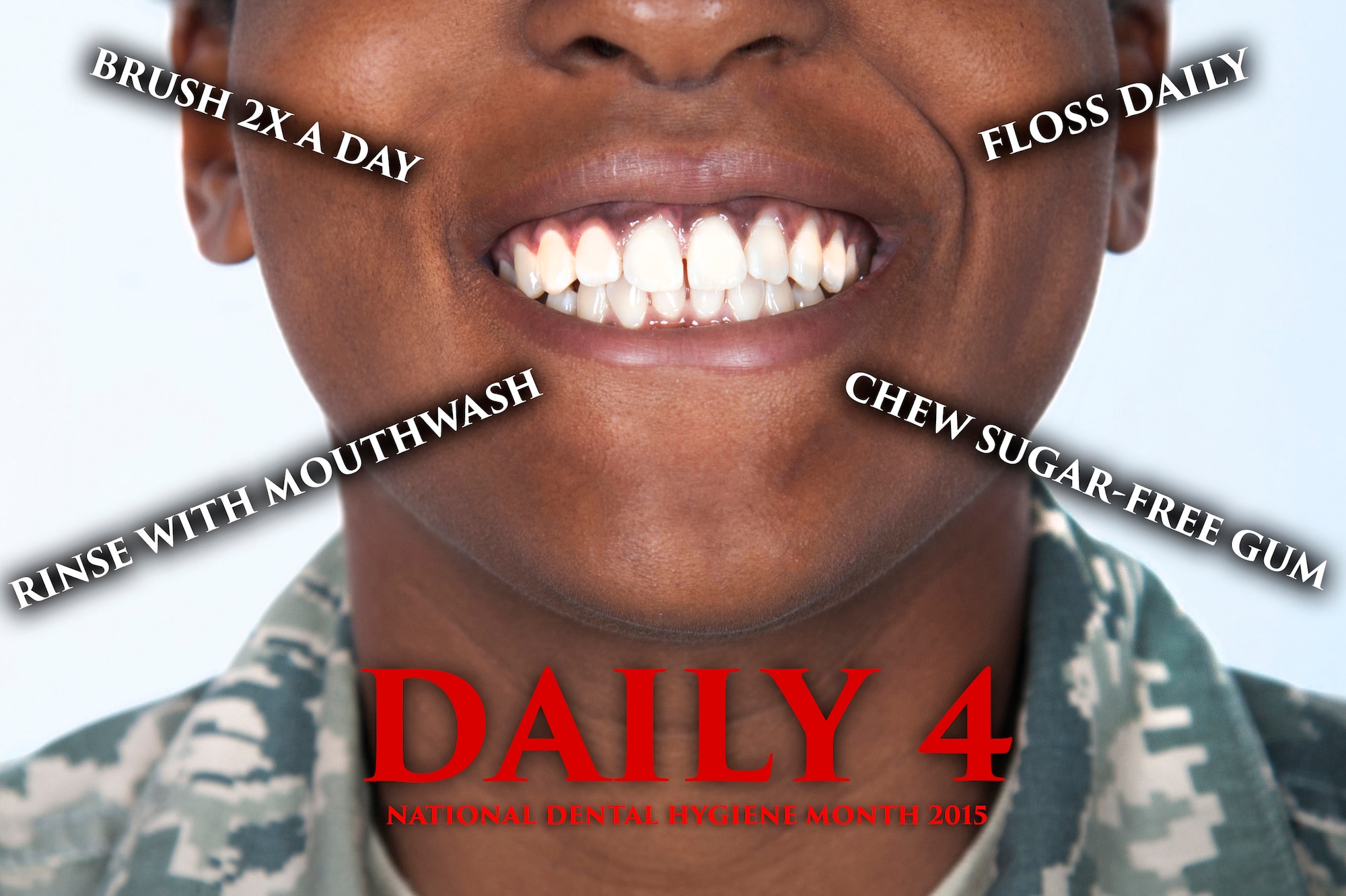 October marks National Dental Hygiene Month. This year’s NDHM focuses on four components of oral health referred to as the daily four: brushing teeth twice daily, flossing daily, rinsing with mouthwash and chewing sugar-free gum. According to the Centers for Disease Control and Prevention, nearly 50 percent of adults over the age of 30 have some form of periodontal disease such as gingivitis and periodontitis. The diseases form when plaque builds up and hardens into tartar on the teeth which can spread below the gum line. Following the daily four can help prevent these diseases. (U.S. Air Force photo illustration by Airman 1st Class Kathleen D. Bryant/Released)
