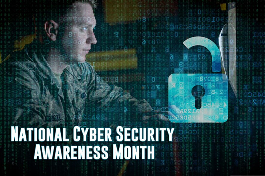 October is cyber security awareness month and members are advised to stay mindful about what they say and post on social networks. In recent years military members and their families have faced dangers due to information leaked on social media. (U.S. Air Force graphic by Adarius Petty)