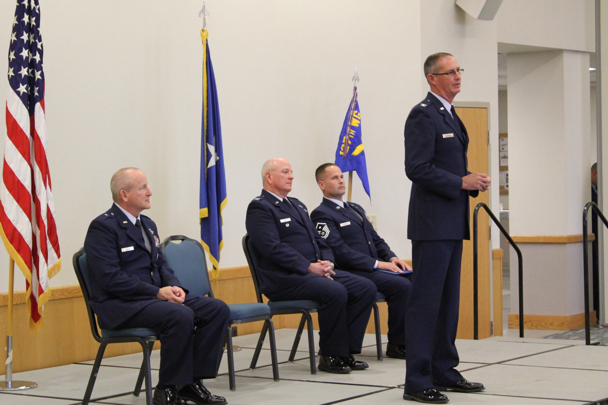 Col. Mark Manor, 127th Medical Group commander, addresses the audience at the transfer of command ceremony for the 127th Wing Medical Group at Selfridge Air National Guard Base, Michigan, October 18, 2015. (U.S. Air National Guard photo by TSgt. Dan Heaton/released)